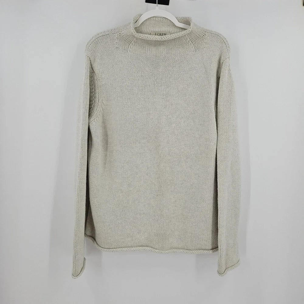VTG J.Crew Roll Neck Sweater Ivory Cotton Heavy Knit Preppy Pullover Winter Sz L